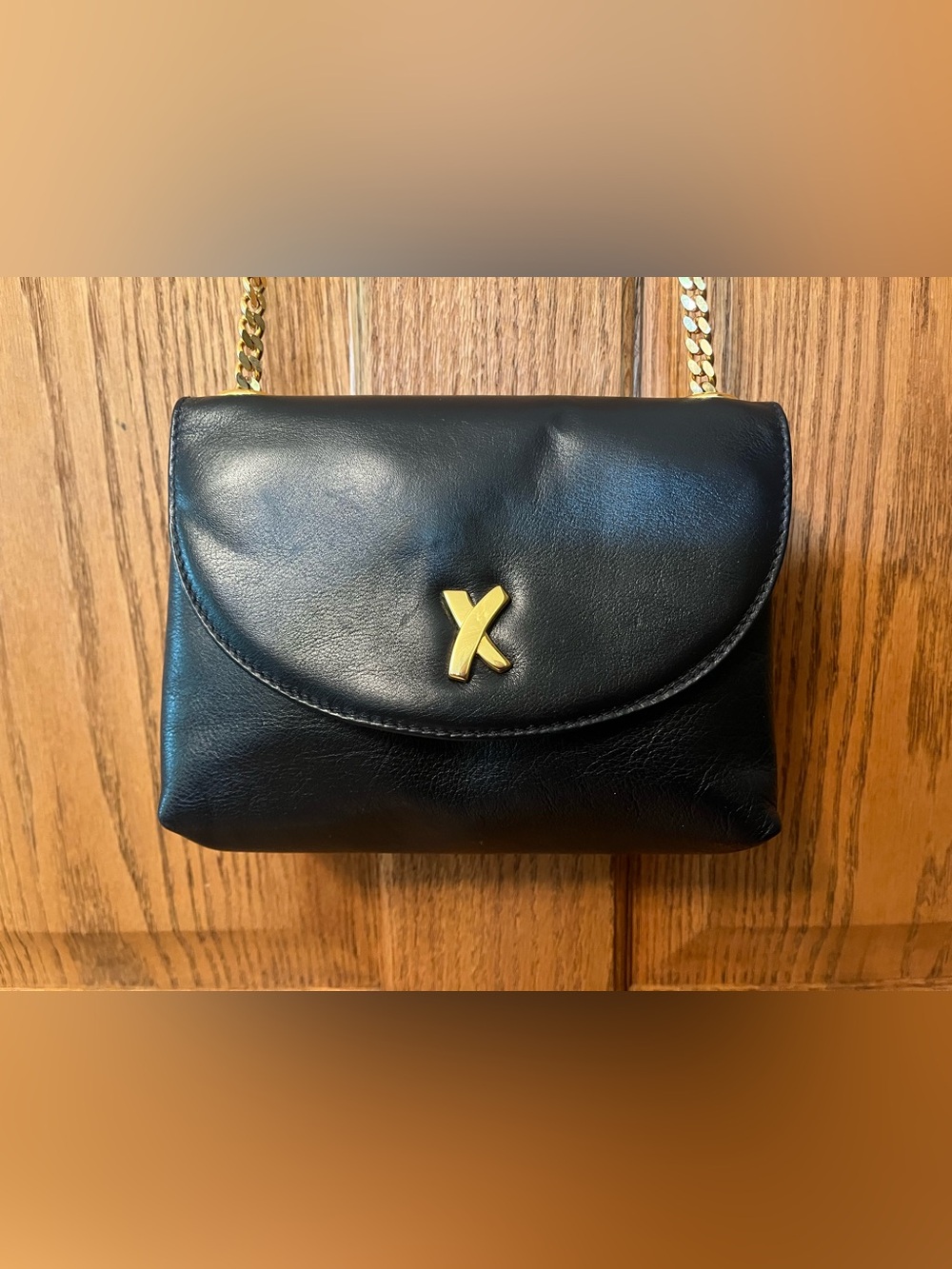 Palsma Picasso Small Black Leather Crossbody Purse with Gold Chain
